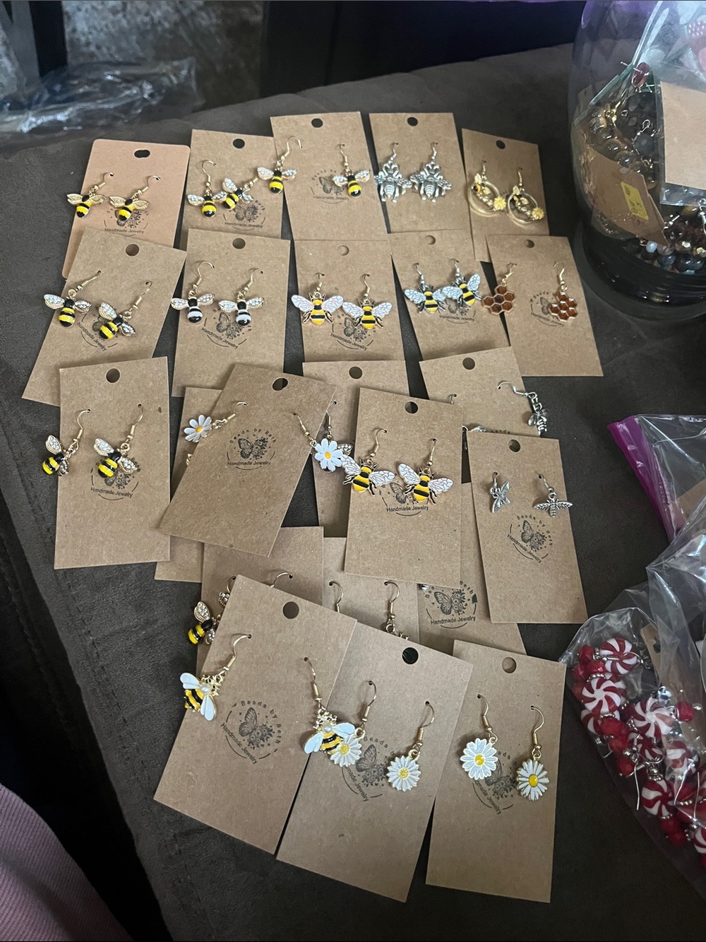 Gold-Tone Bee and Daisy Drop Earrings in Yellow and White